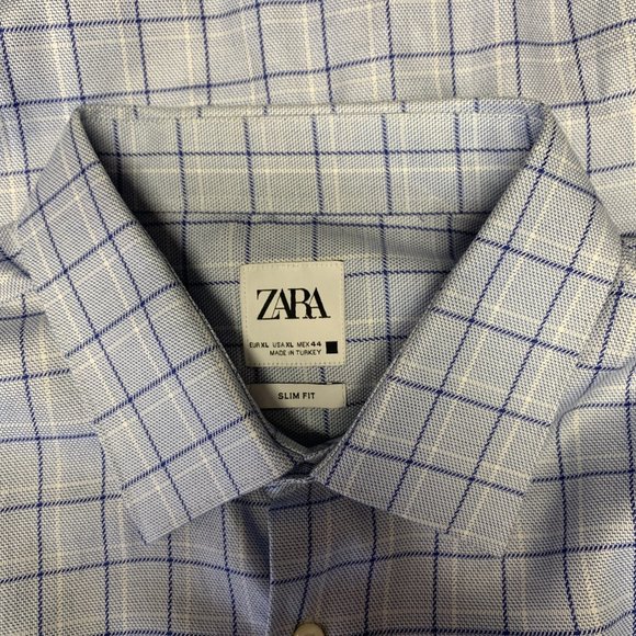-Used! Mens Zara Checkered Light Blue Slim Fit Long Sleeve Button Up Size XL - Picture 4 of 4